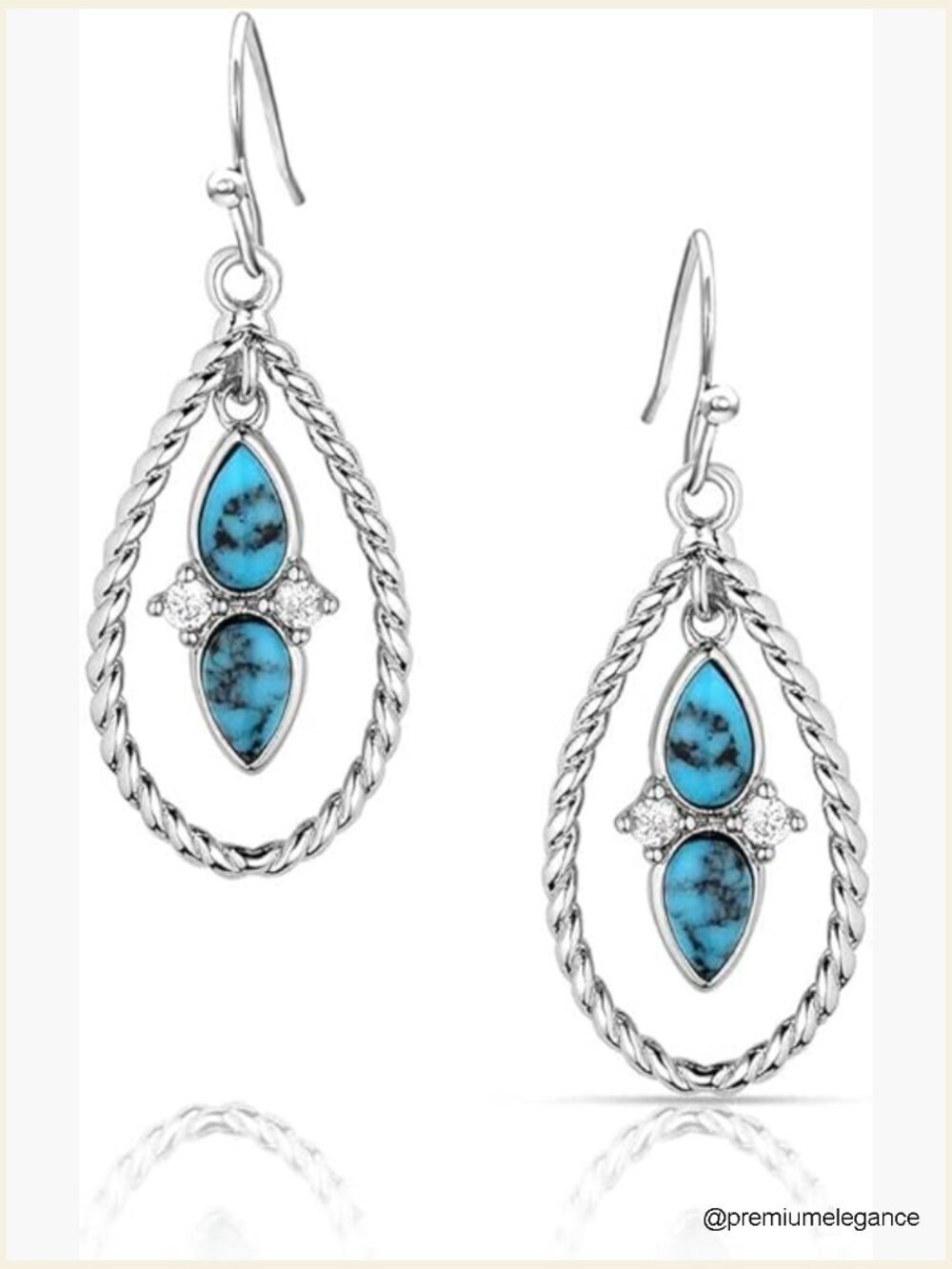 Western Turquoise Drop Dangle Earrings Rhodium Silver Cubic Zirconia